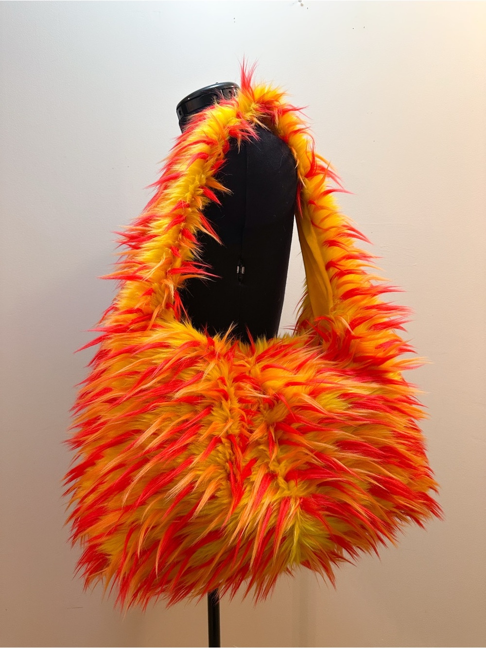 Handmade Yellow Red Orange Spiked Fuzzy Funky Large Faux Fur Hobo Tote Bag